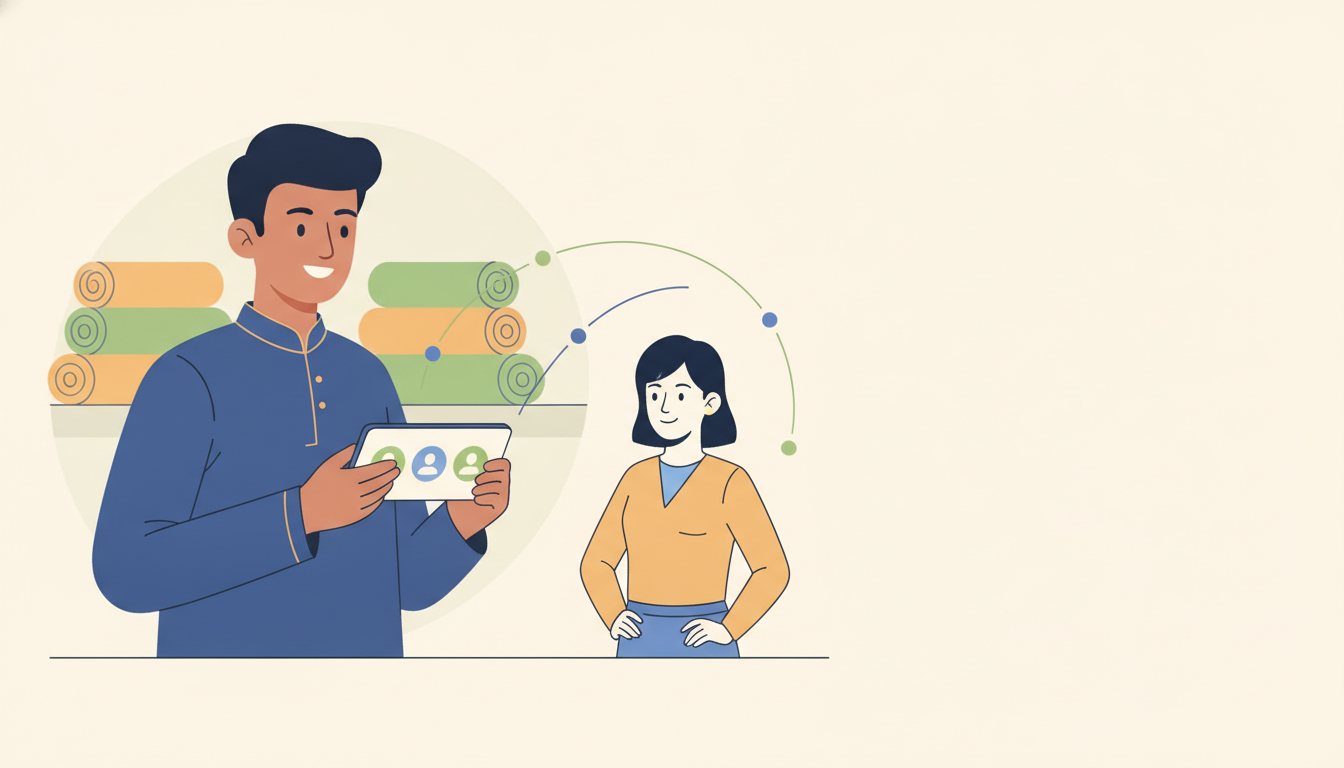 A smiling Surat shop owner using a mobile app to hire staff, with a new employee's silhouette in the background, depicting