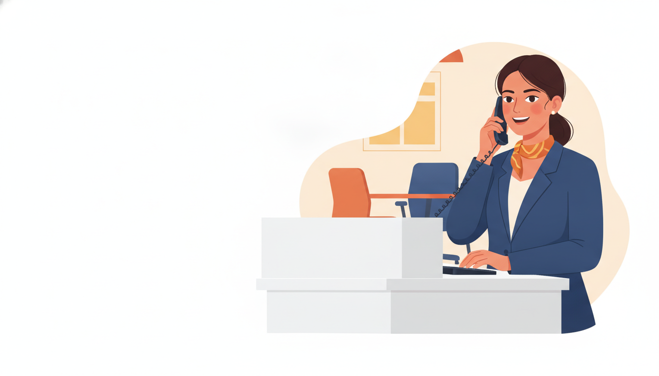 A young Indian woman, a receptionist, smiling at her desk in a Surat office, highlighting professionalism and approachability