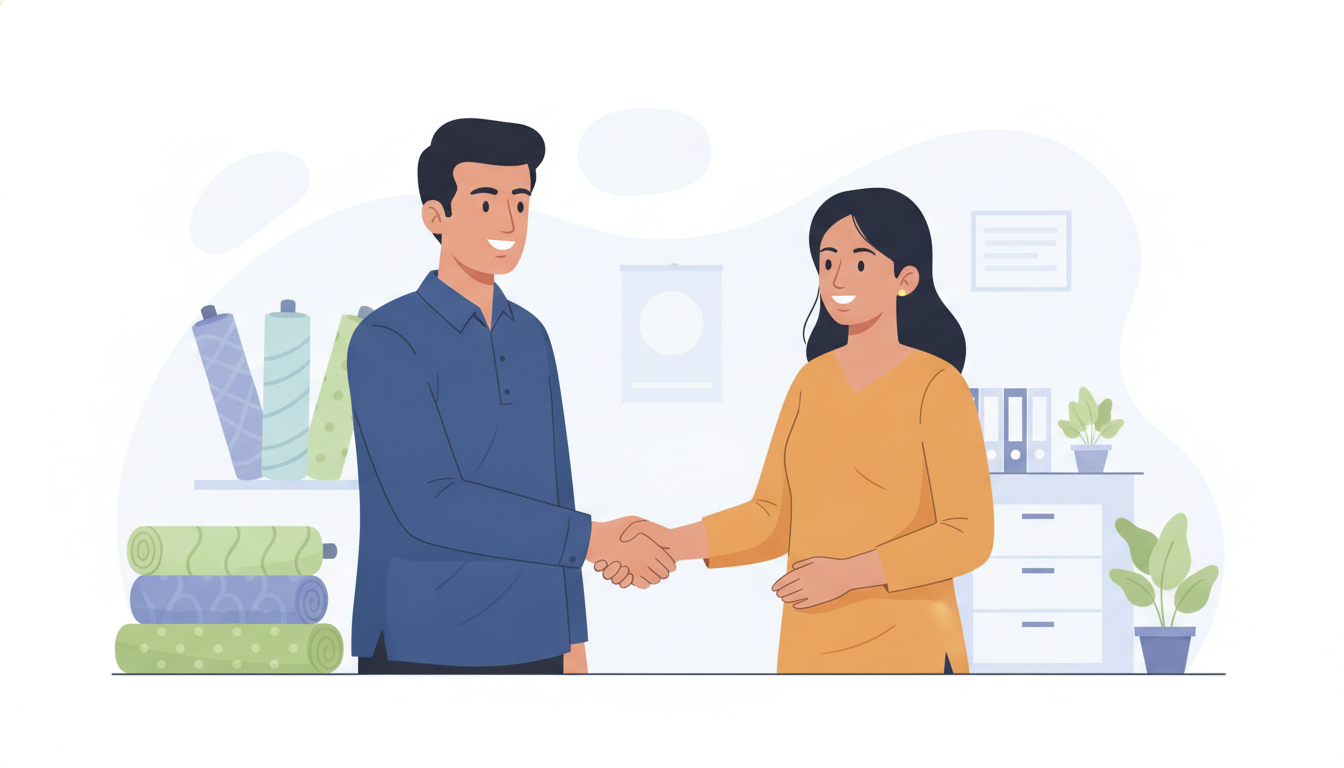 Surat में छोटे व्यवसाय के मालिक और नए कर्मचारी का हाथ मिलाते हुए चित्रण, जो कर्मचारी प्रतिधारण को दर्शाता है.
