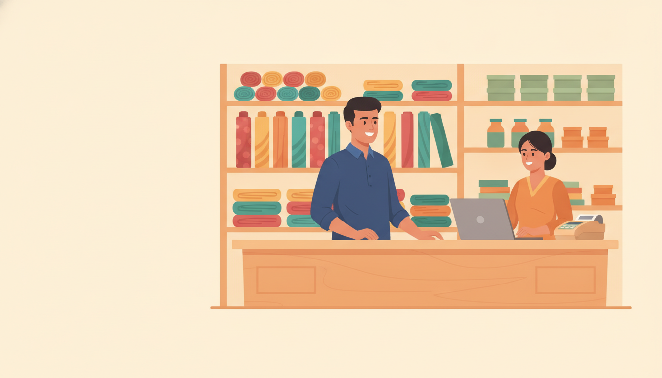 Surat mein ek shop owner aur ek billing executive, jo billing counter par kaam kar rahi hai, modern flat illustration.